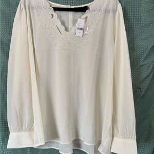 Lane Bryant Cream Blouse with Floral Embroidery